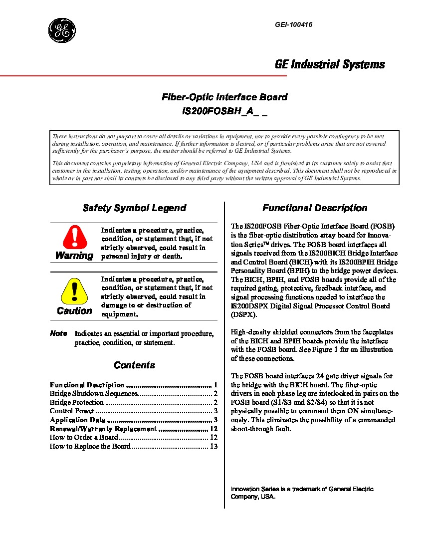 First Page Image of IS200FOSBH Fiber-Optic Interface Board GEI-100416.pdf